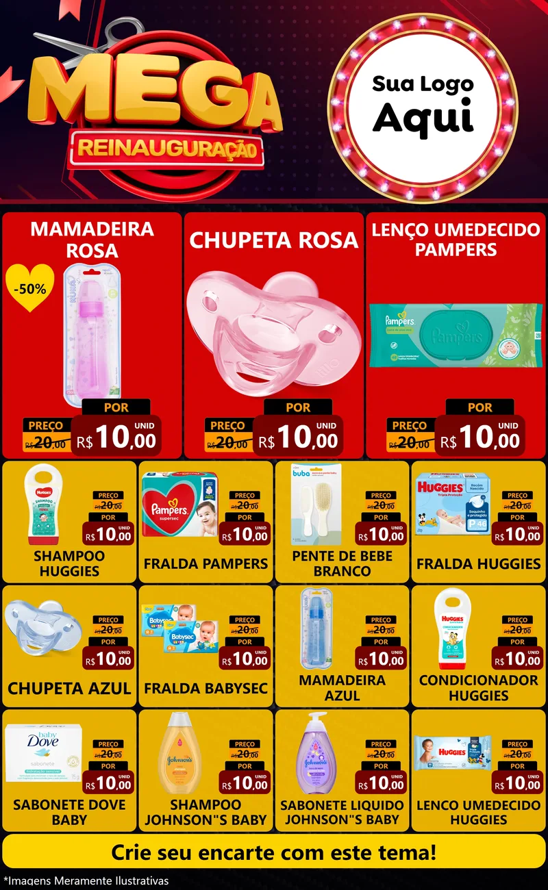 Modelo de Encarte para Encarte Grande com o tema Mega Reinauguração para Bebês