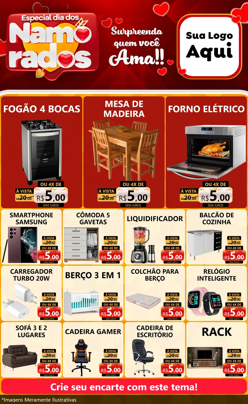 Modelo de Encarte para Encarte Grande com o tema Especial Dia dos Namorados para Móveis e Eletro