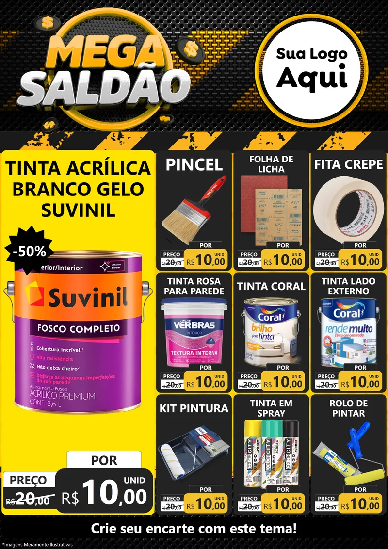 Modelo de Encarte para Encarte A4 Vertical com o tema Mega Saldão para Tintas e Ferramentas