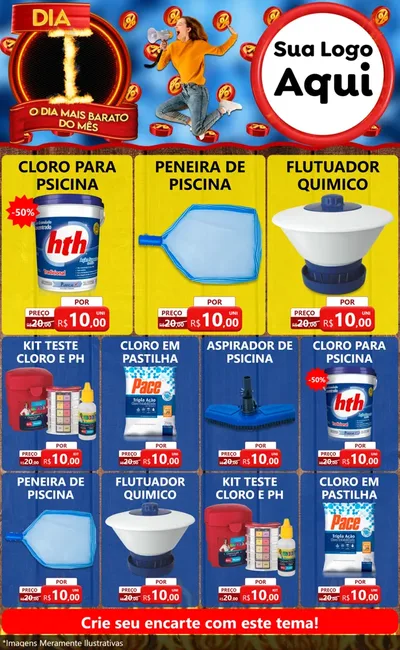 Modelo de Encarte para Encarte Grande com o tema Dia I - O Dia Mais Barato Do Mês para Produtos para Piscina