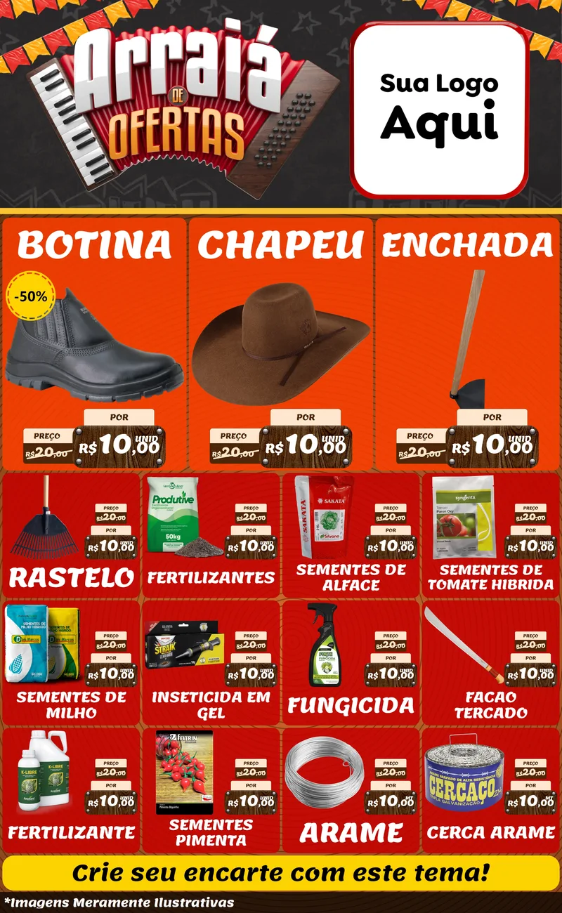 Modelo de Encarte para Encarte Grande com o tema Arraiá de Ofertas - Junina para Agropecuária