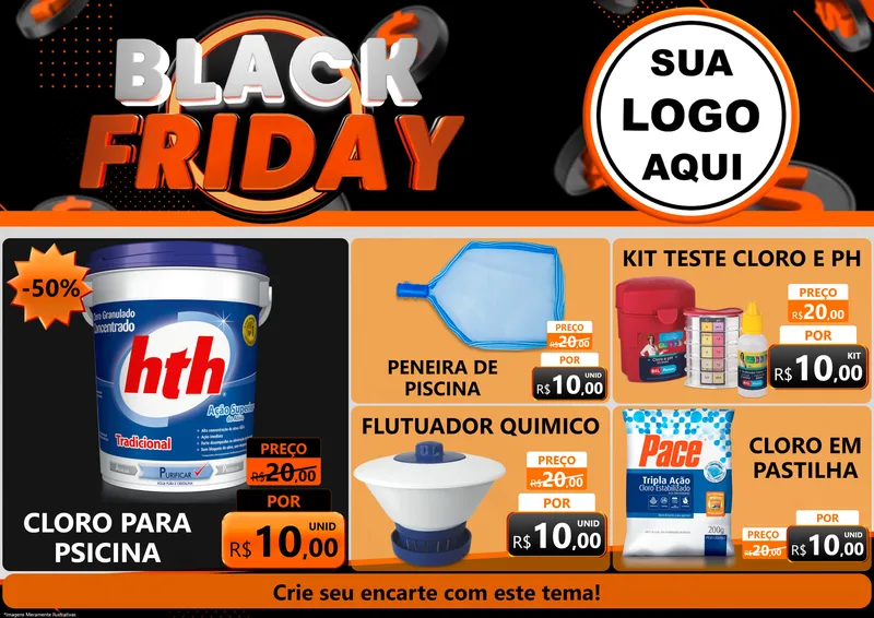 Modelo de Encarte para Encarte A4 Horizontal com o tema Black Friday para Produtos para Piscina