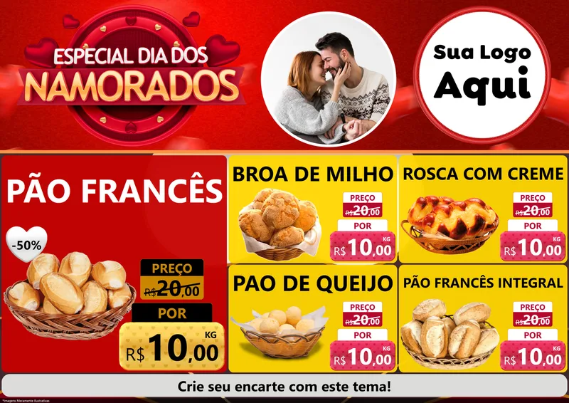 Modelo de Encarte para Encarte A4 Horizontal com o tema Especial Dia Dos Namorados para Padaria