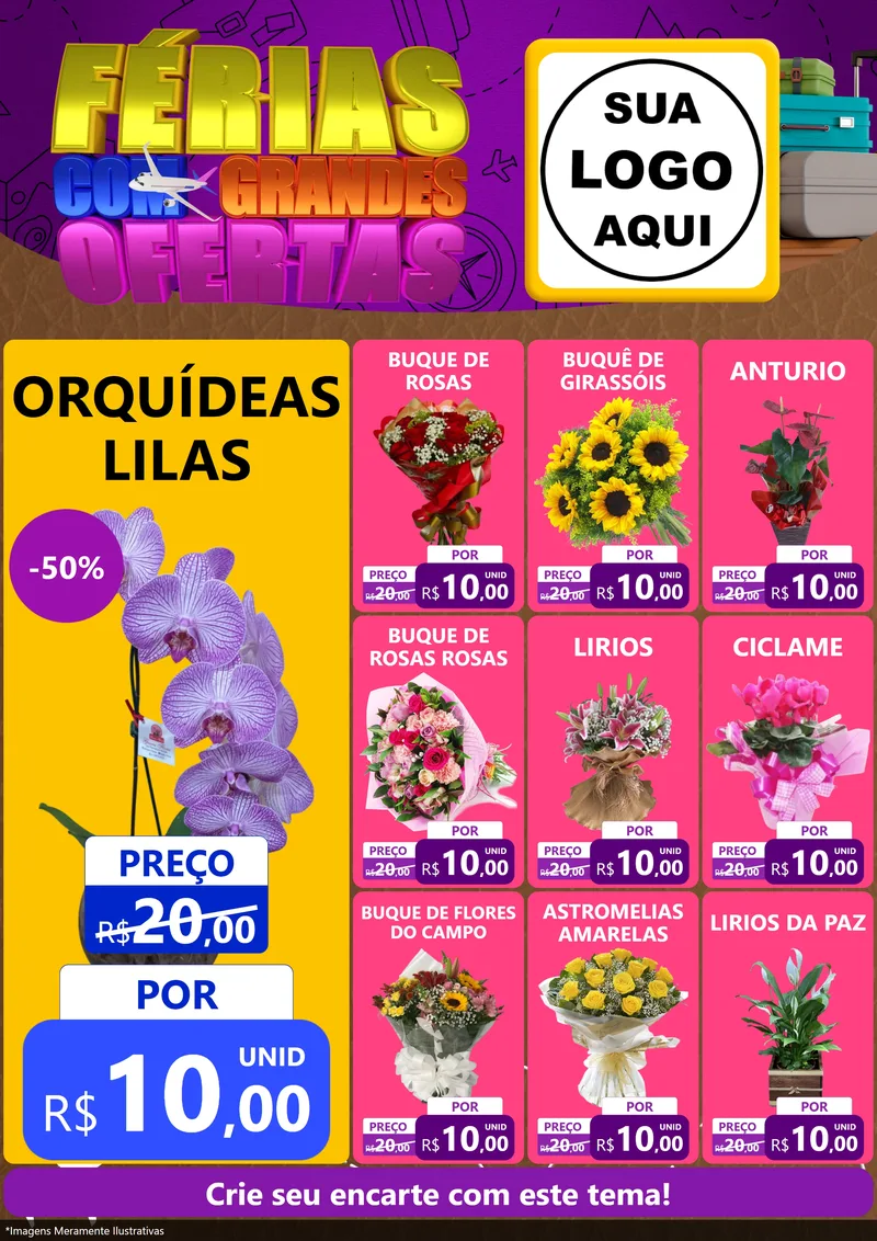 Modelo de Encarte para Encarte A4 Vertical com o tema Férias com Grandes Ofertas para Floricultura e jardim