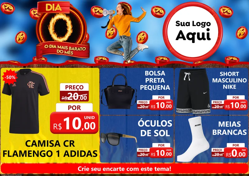Modelo de Encarte para Encarte A4 Horizontal com o tema Dia O - O Dia Mais Barato Do Mês para Roupas e acessórios