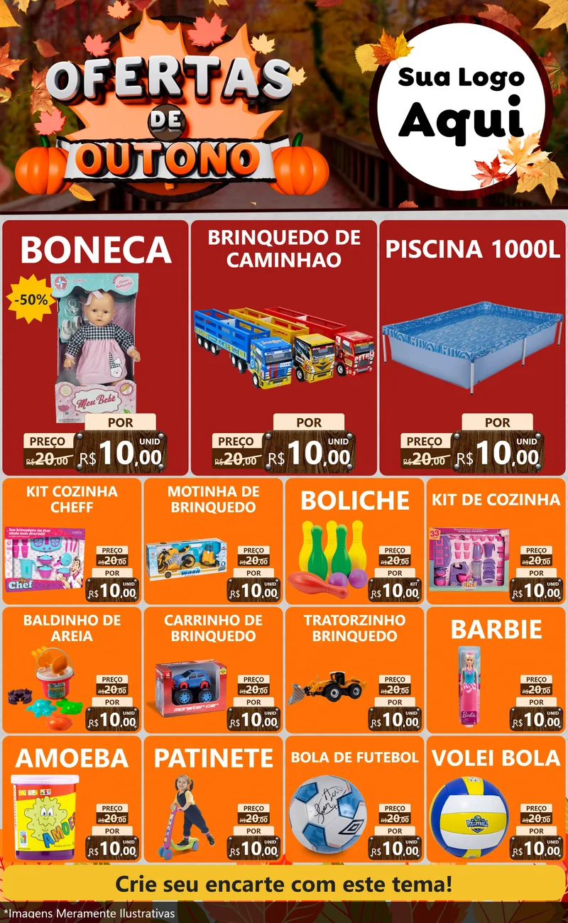Modelo de Encarte para Encarte Grande com o tema Ofertas de Outono para Brinquedos