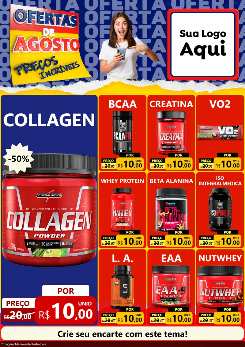 Modelo de Encarte para Encarte A4 Vertical com o tema Ofertas de Agosto - Preços Incríveis para Suplementos alimentares