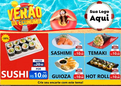 Modelo de Encarte para Encarte A4 Horizontal com o tema Verão da Economia para Comida japonesa