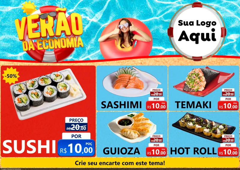 Modelo de Encarte para Encarte A4 Horizontal com o tema Verão da Economia para Comida japonesa