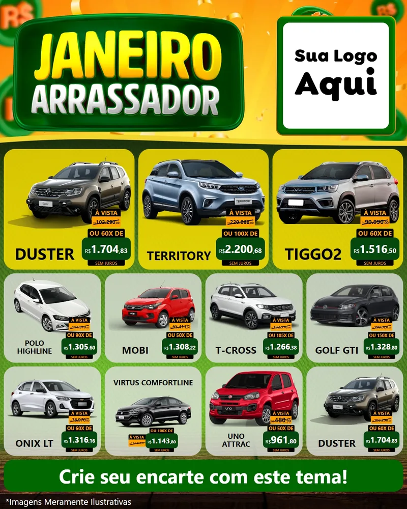 Modelo de Rede Social para Feed Instagram com o tema Janeiro Arrasador para Concessionaria de Carros