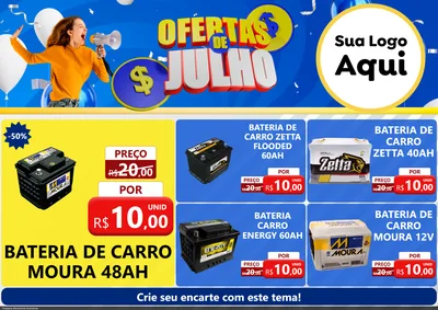Modelo de Encarte para Encarte A4 Horizontal com o tema Ofertas de Julho para Baterias Elétricas