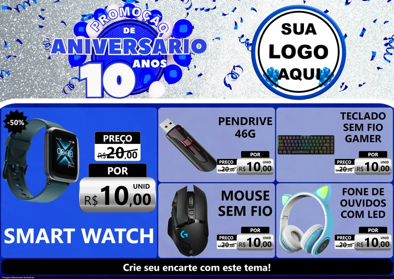 Modelo de Encarte para Encarte A4 Horizontal com o tema Promoção de Aniversário - 10 Anos para Informática