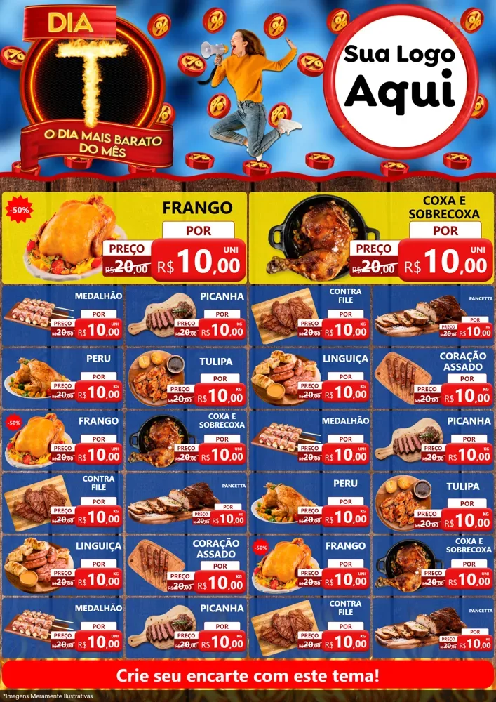 Modelo de Encarte para Encarte A4 Vertical com o tema Dia T - O Dia Mais Barato Do Mês para Assados