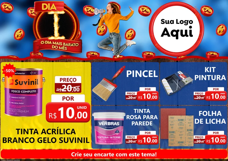Modelo de Encarte para Encarte A4 Horizontal com o tema Dia I - O Dia Mais Barato Do Mês para Tintas e Ferramentas