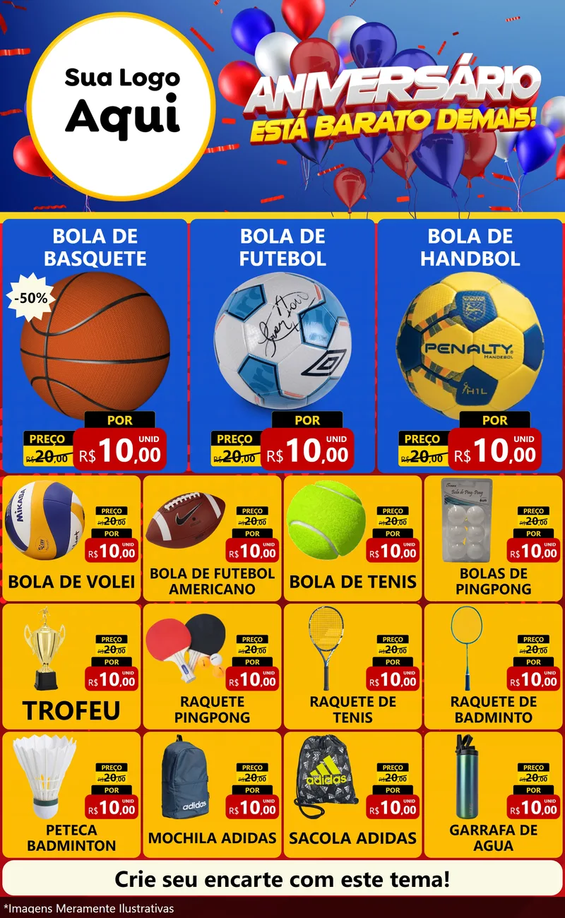 Modelo de Encarte para Encarte Grande com o tema Aniversário para Artigos Esportivos