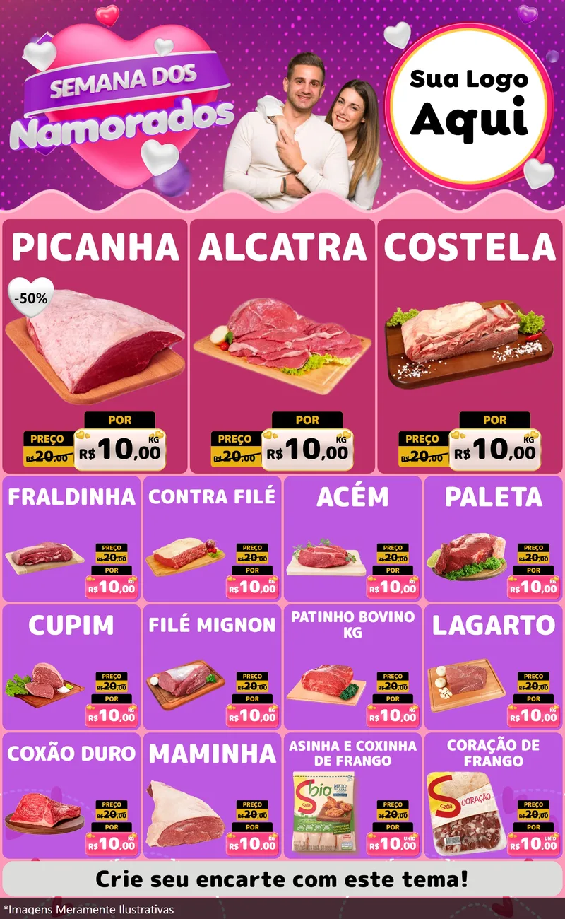 Modelo de Encarte para Encarte Grande com o tema Semana dos Namorados para Açougue