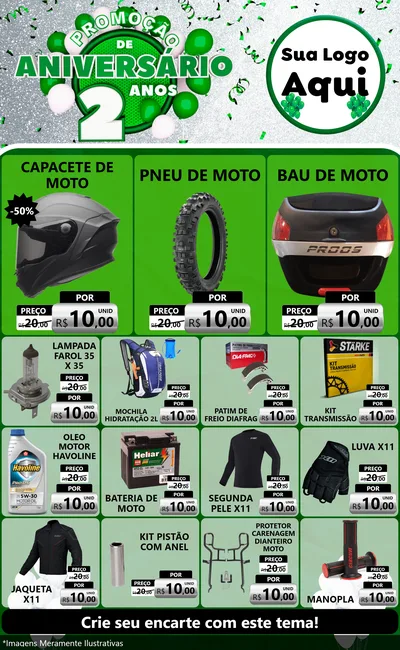 Modelo de Encarte para Encarte Grande com o tema Promoção de Aniversário - 2 Anos para Moto peças