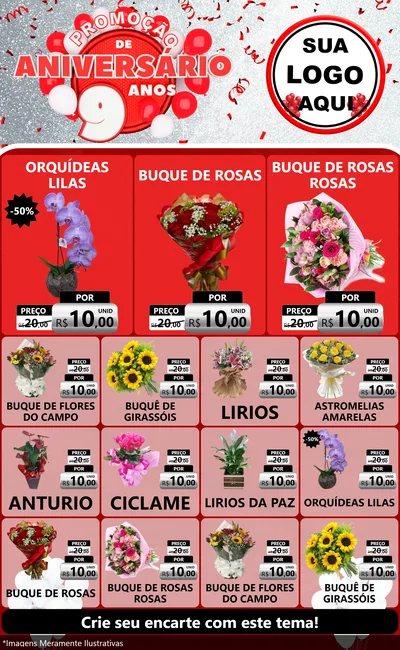 Modelo de Encarte para Encarte Grande com o tema Promoção de Aniversário - 9 Anos para Floricultura e jardim