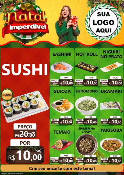 Modelo de Encarte para Encarte A4 Vertical com o tema Natal Imperdível para Comida japonesa