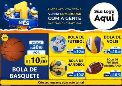 Modelo de Encarte para Encarte A4 Horizontal com o tema Um Mês de Aniversário para Artigos Esportivos