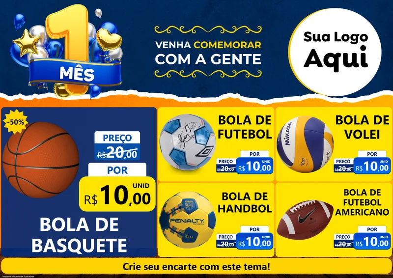 Modelo de Encarte para Encarte A4 Horizontal com o tema Um Mês de Aniversário para Artigos Esportivos
