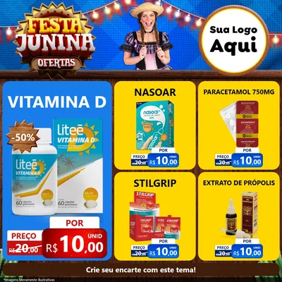 Modelo de Rede Social para Feed Facebook com o tema Festa Junina Ofertas para Farmácia