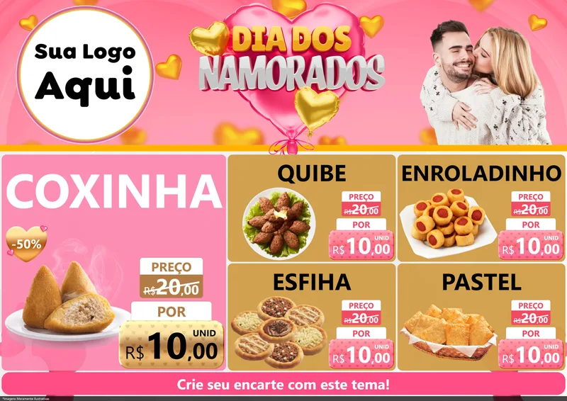 Modelo de Encarte para Encarte A4 Horizontal com o tema Dia dos Namorados para Salgadaria