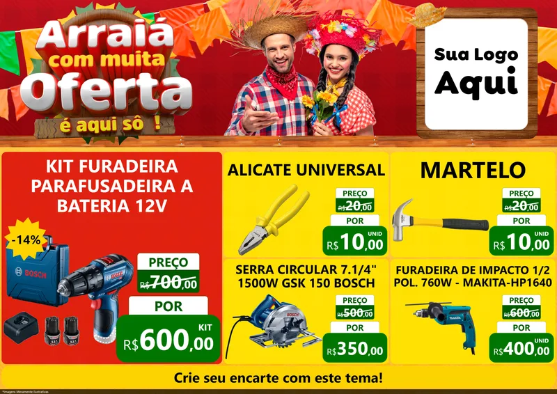 Modelo de Encarte para Encarte A4 Horizontal com o tema Arraiá Com Muita Oferta - É Aqui Sô! para Maquinas e Ferramentas