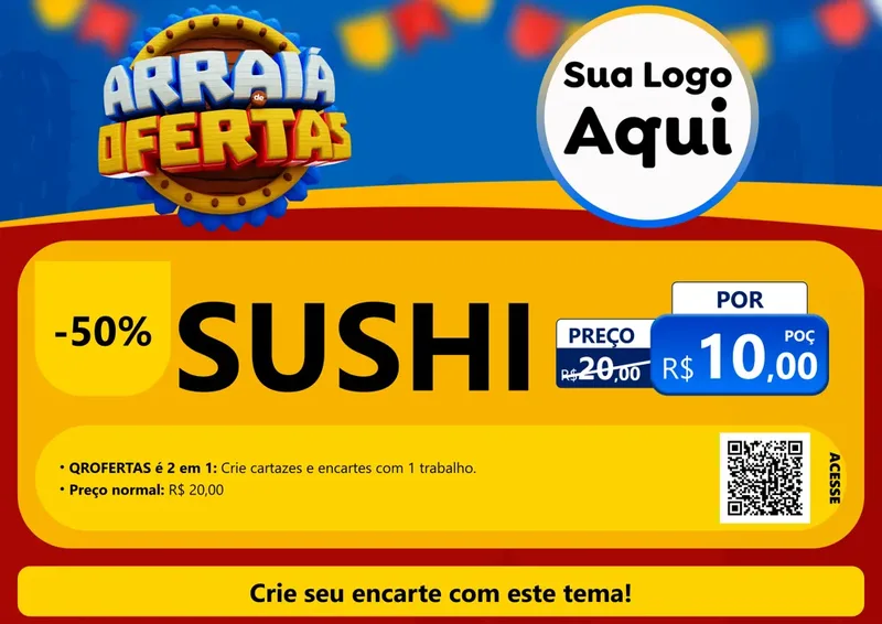 Modelo de Cartaz para Cartaz A4 Horizontal com o tema Arraiá de Ofertas - Junina para Comida japonesa