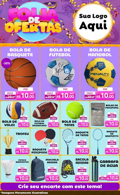 Modelo de Encarte para Encarte Grande com o tema Folia de Ofertas para Artigos Esportivos
