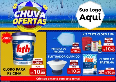 Modelo de Encarte para Encarte A4 Horizontal com o tema Chuva de Ofertas para Produtos para Piscina