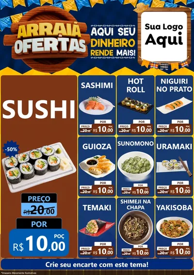 Modelo de Encarte para Encarte A4 Vertical com o tema Arraiá de Ofertas - Junina para Comida japonesa