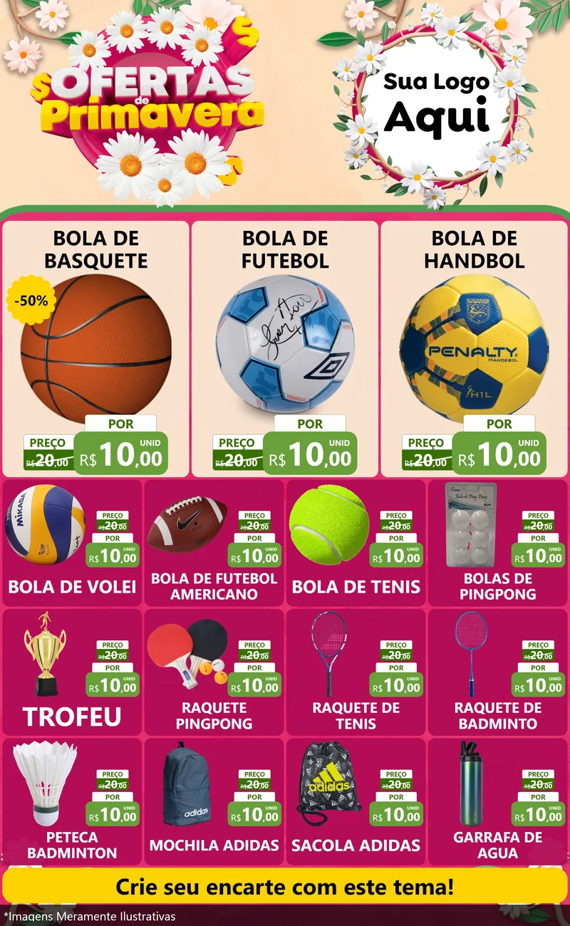 Modelo de Encarte para Encarte Grande com o tema Ofertas de Primavera para Artigos Esportivos