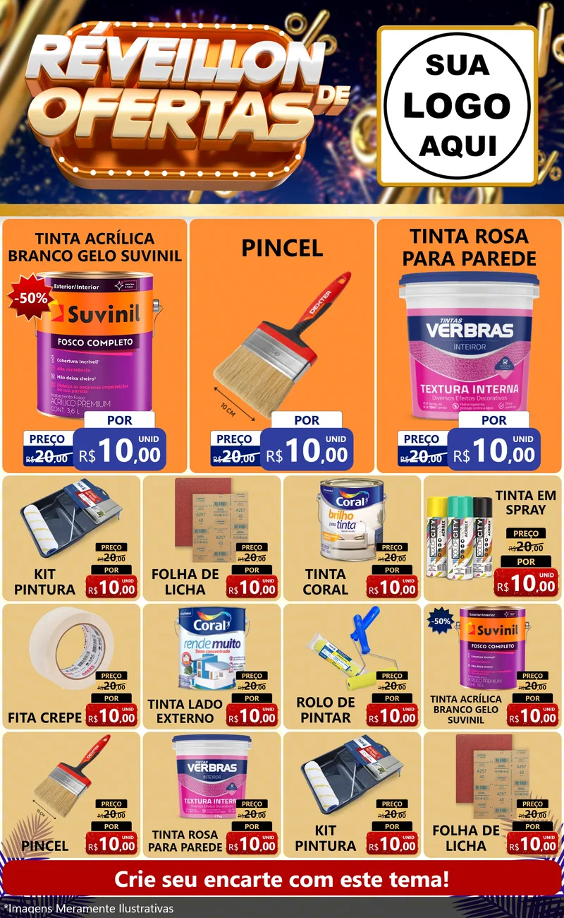 Modelo de Encarte para Encarte Grande com o tema Réveillon de Ofertas para Tintas e Ferramentas