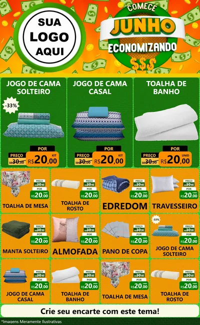Modelo de Encarte para Encarte Grande com o tema Comece Junho Economizando para Cama, Mesa e Banho