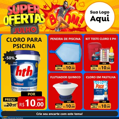 Modelo de Rede Social para Feed Facebook com o tema Super Ofertas Julho para Produtos para Piscina