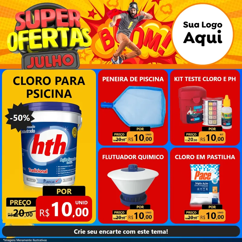 Modelo de Rede Social para Feed Facebook com o tema Super Ofertas Julho para Produtos para Piscina