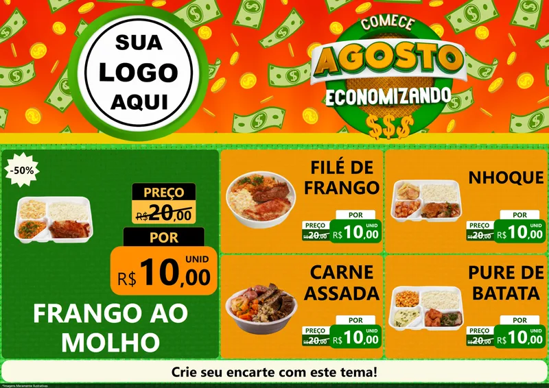 Modelo de Encarte para Encarte A4 Horizontal com o tema Comece Agosto Economizando para Restaurante