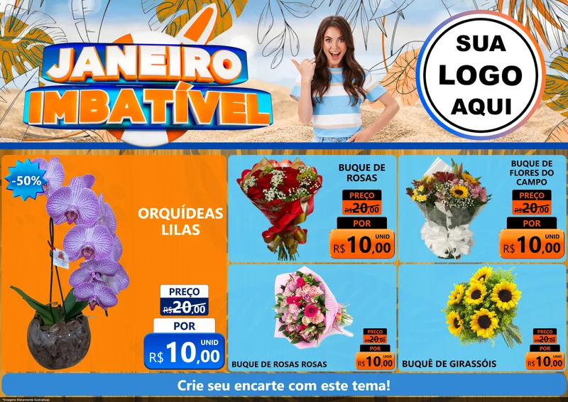 Modelo de Encarte para Encarte A4 Horizontal com o tema Janeiro Imbatível para Floricultura e jardim
