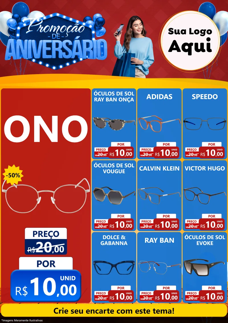 Modelo de Encarte para Encarte A4 Vertical com o tema Promoção de Aniversário para Óticas