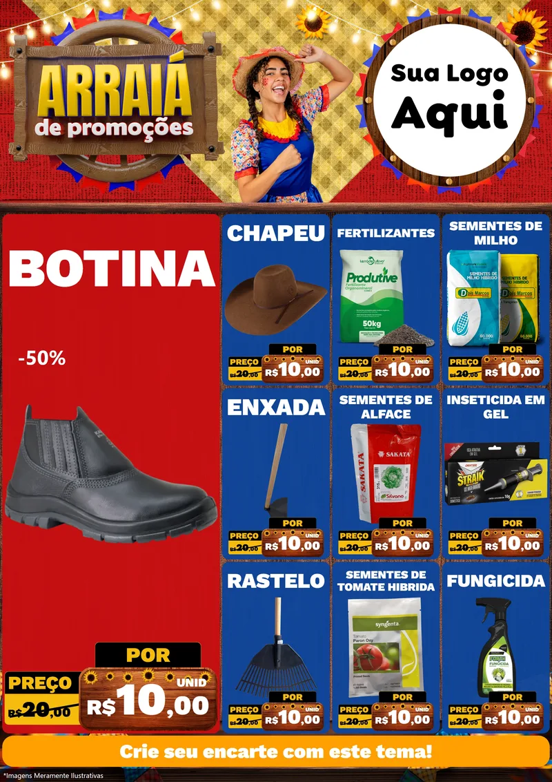 Modelo de Encarte para Encarte A4 Vertical com o tema Arraiá de Promoções para Agropecuária