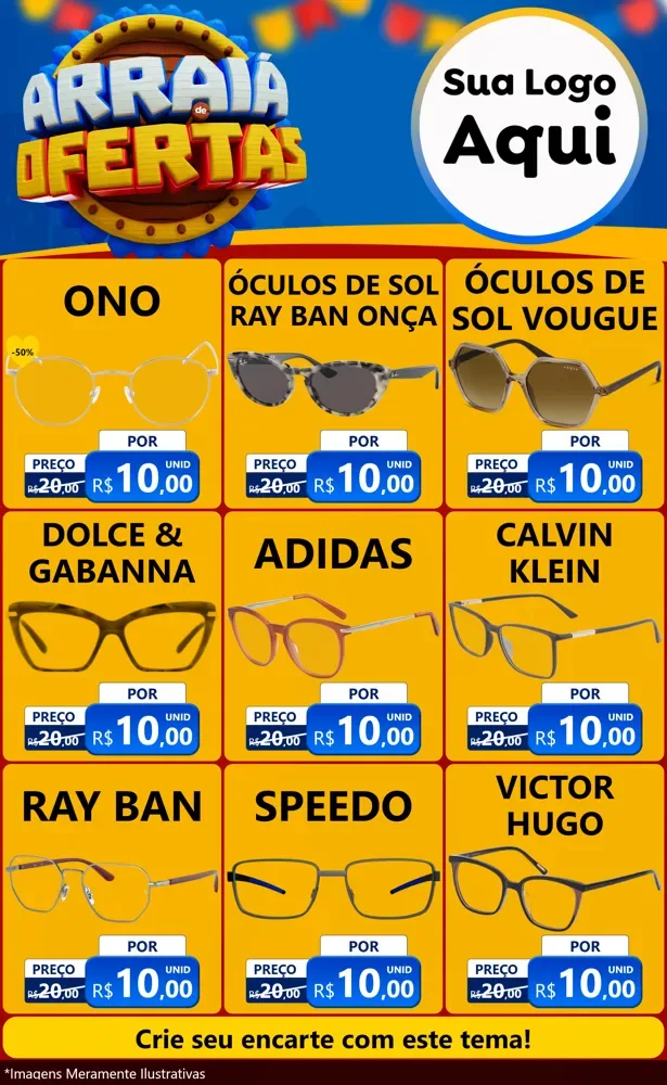 Modelo de Encarte para Encarte Grande com o tema Arraiá de Ofertas - Junina para Óticas