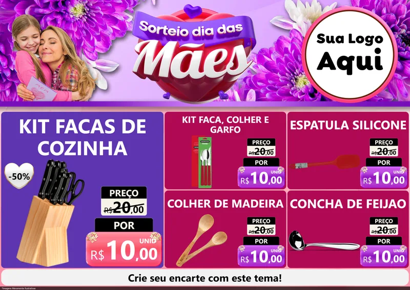 Modelo de Encarte para Encarte A4 Horizontal com o tema Sorteio Dia das Mães para Utilidades Domésticas