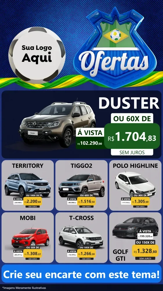 Modelo de Rede Social para Stories com o tema Ofertas (Futebol) para Concessionaria de Carros