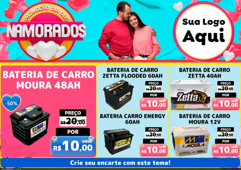 Modelo de Encarte para Encarte A4 Horizontal com o tema Promoção Dia dos Namorados para Baterias Elétricas