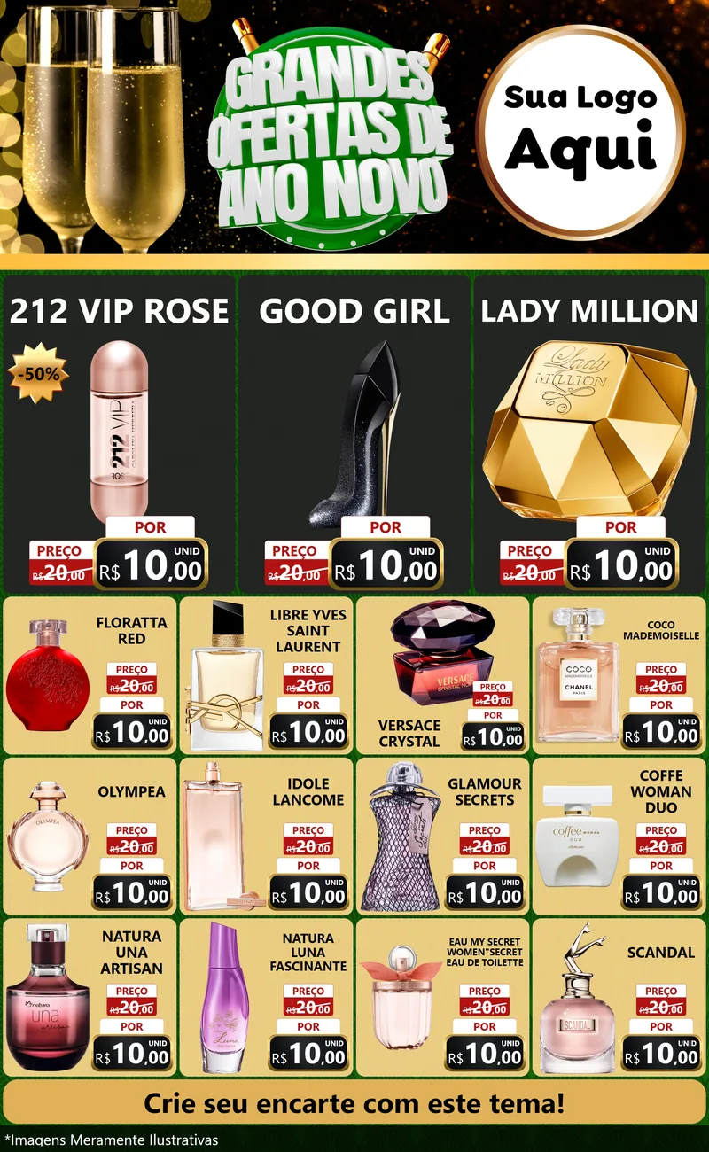 Modelo de Encarte para Encarte Grande com o tema Grandes Ofertas de Ano Novo para Perfumes