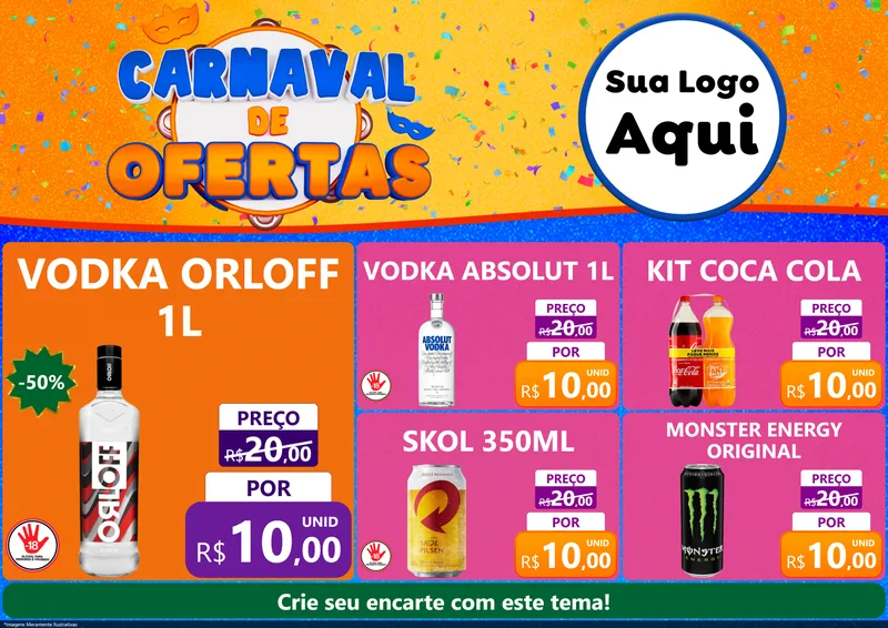 Modelo de Encarte para Encarte A4 Horizontal com o tema Carnaval de Ofertas para Distribuidora de bebidas