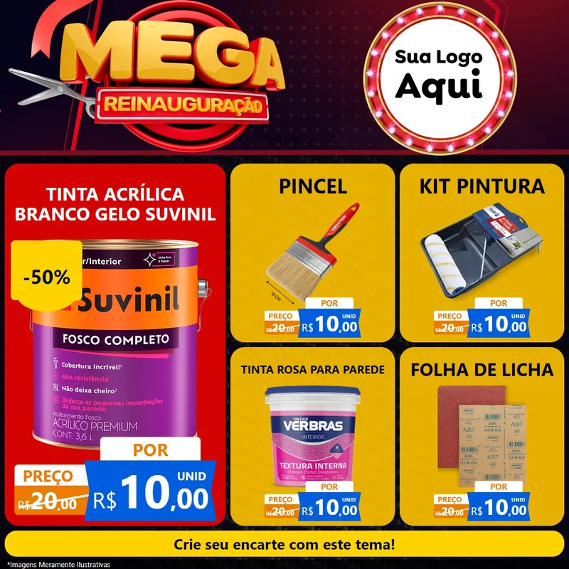 Modelo de Rede Social para Feed Facebook com o tema Mega Reinauguração para Tintas e Ferramentas