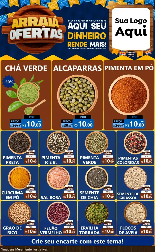 Modelo de Encarte para Encarte Grande com o tema Arraiá de Ofertas - Junina para Produtos Naturais