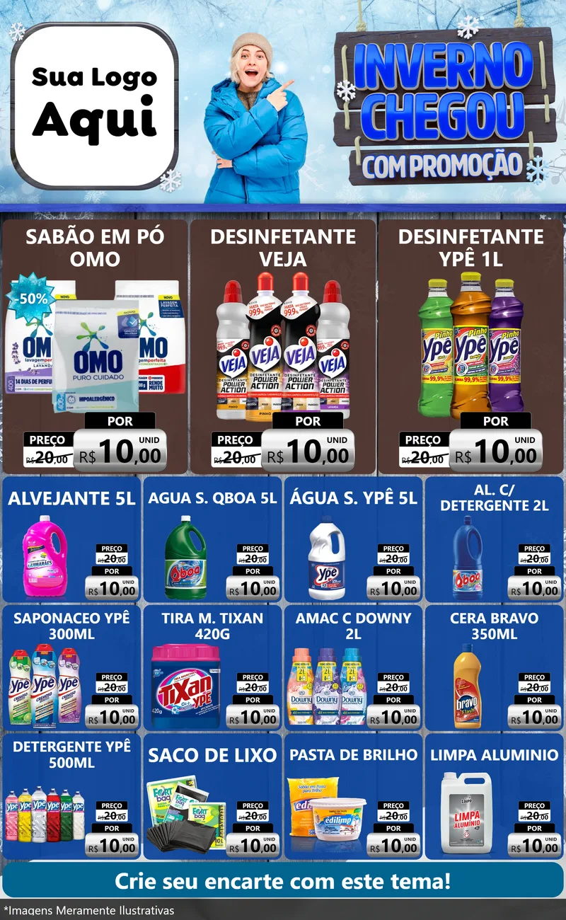 Modelo de Encarte para Encarte Grande com o tema Inverno Chegou Com Promoção para Produtos de Limpeza